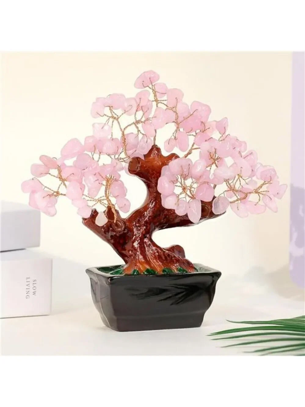Rose quartz crystal money tree feng shui bonsai healing stone home office decor